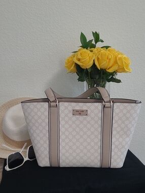 Nine West Neutral Cream Patterned Tote with Gold Hardware